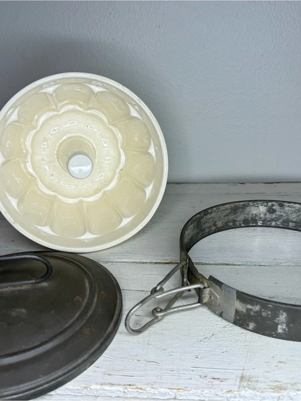 Antique Creamy White German Steam Pudding Mold w/ Tin Lid & Side Locking Latch